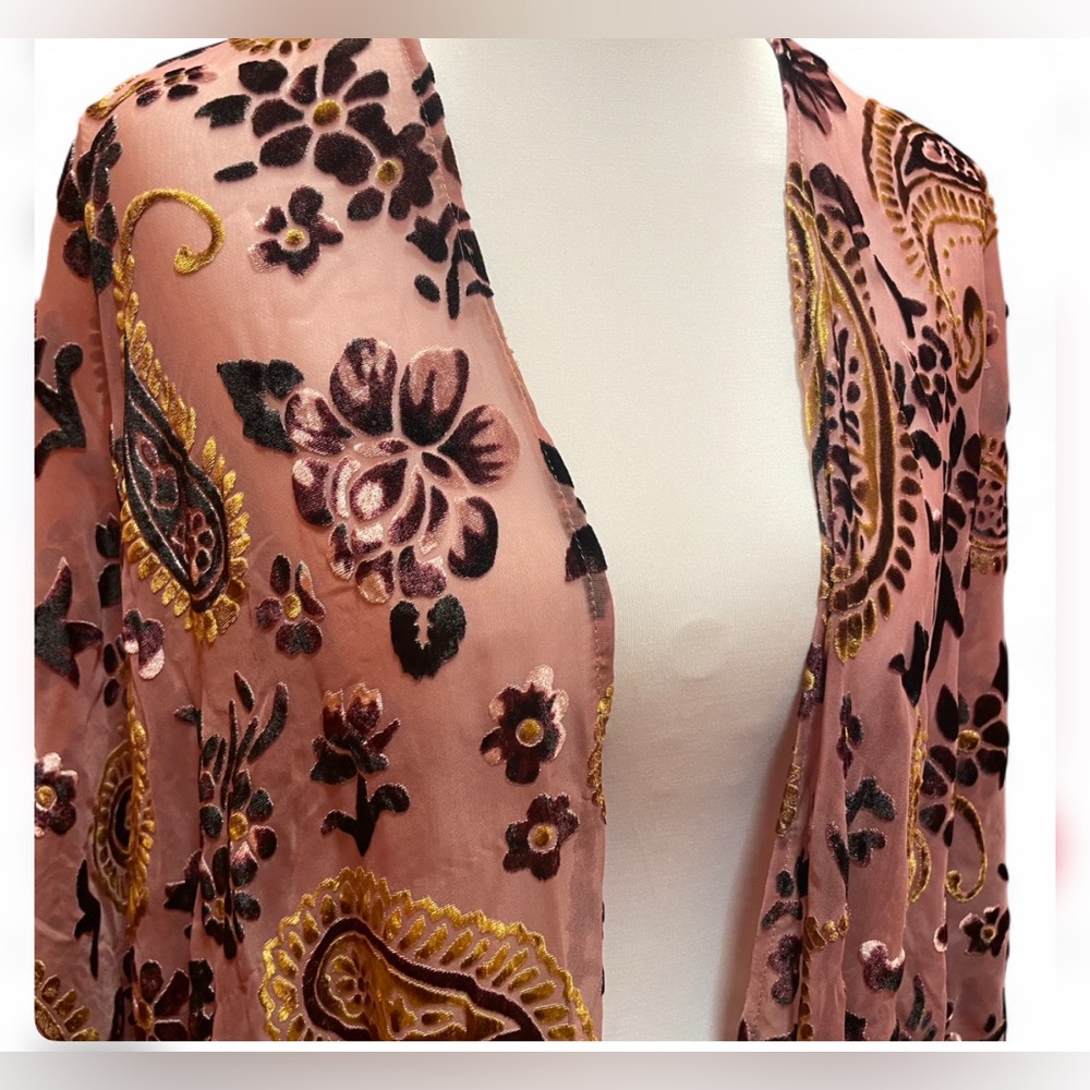Forever 21 Sheer Floral Shawl in Pink and‎ Gold. Velvet Paisleys and Flowers.